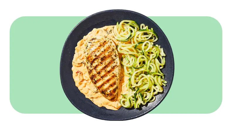 A plate served with Sun-Dried Tomato Chicken with Zucchini Noodles from the Factor meal kit.