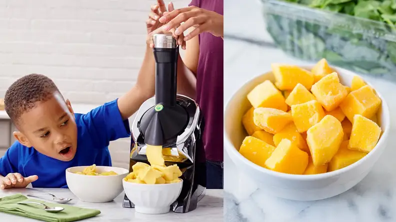 Left: Child uses Yonanas soft serve maker. Right: bowl of frozen mango.