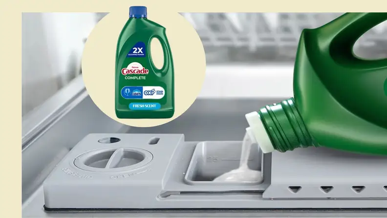 Cascade dishwasher detergent gel poured into the dishwasher.