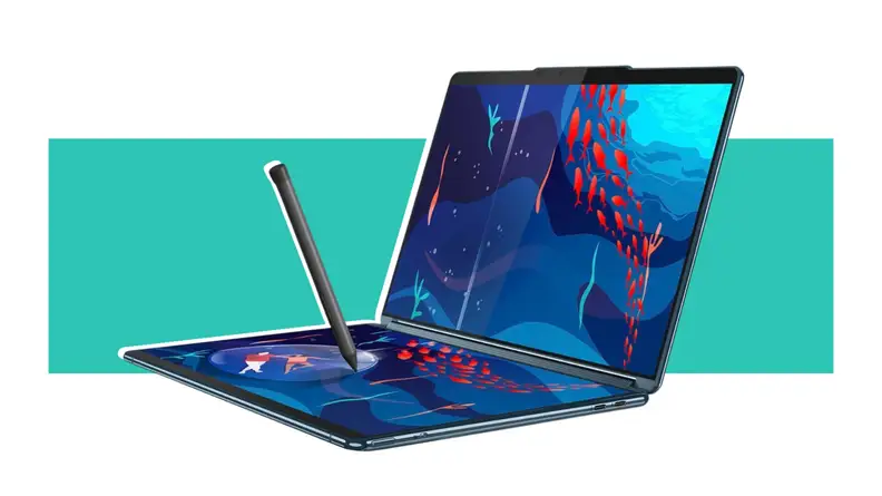 The Lenovo Yoga Book 9i in front of a background.