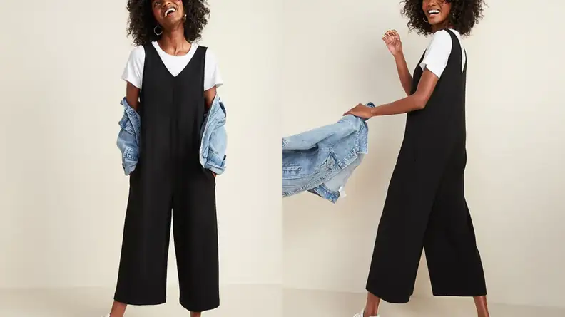 An image of a woman wearing a black jumpsuit alongside the same woman with her back turned in the jumpsuit.