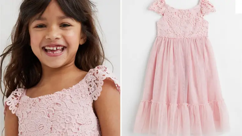 On left, child smiling. On right, pink lace and tulle children's dress.