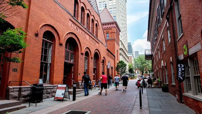 Brick exterior and pedestrian street outside Central Market