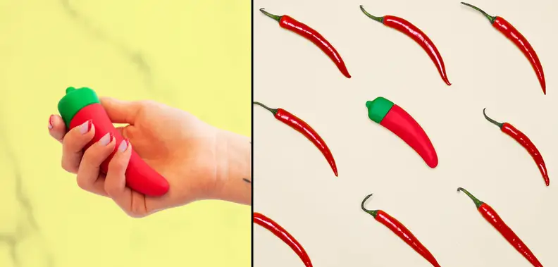 A photo collage of a hand holding the Emojibator Chili Pepper and a eight real chili peppers surrounding the Emojibator Chili Pepper.