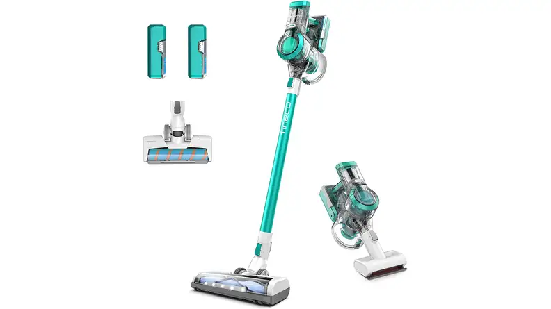 A light blue and white Tineco A11 Master cordless stick vacuum and several attachments shown on a white background.