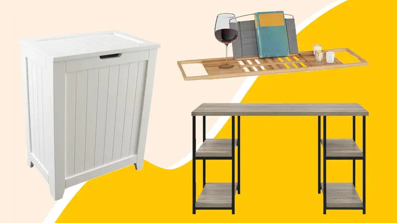 Shelves against a yellow background