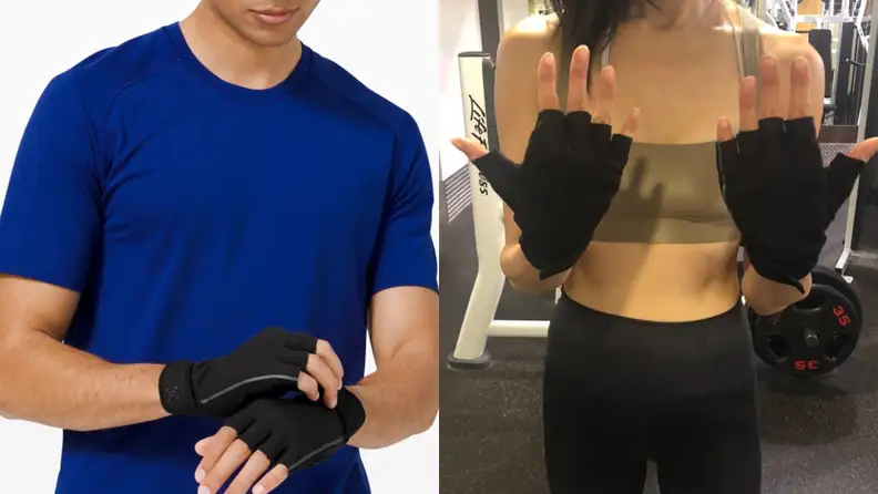 A man wearing workout gloves next to a woman wearing the same workout gloves