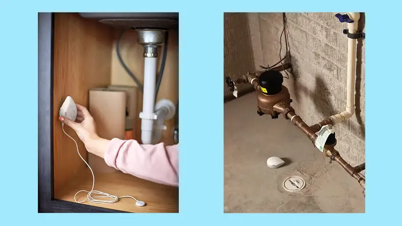 Two photos showing the Moen Flo sensor plugged in. One is under the sink, another is in a basement.