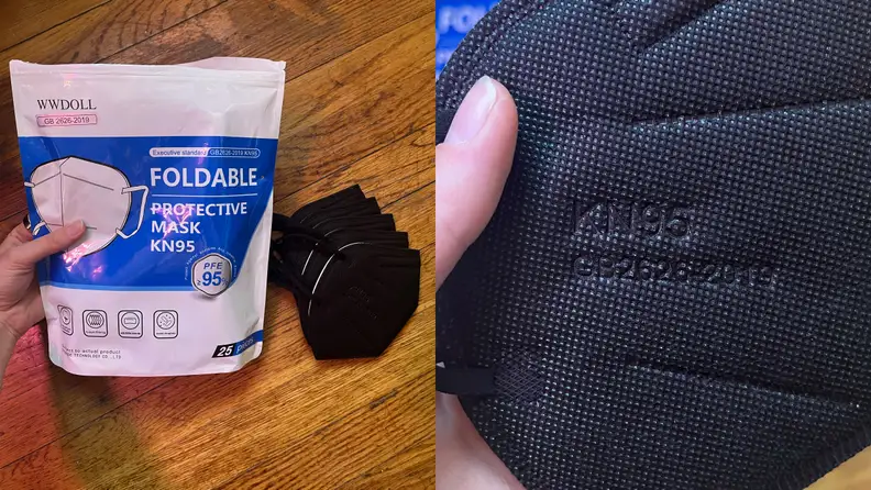 An image of the WWDOLL KN95 face mask next to its packaging.