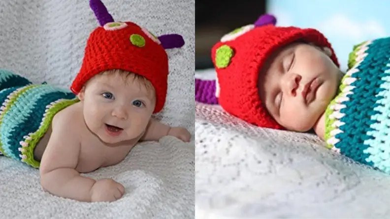 A baby wears a knit Halloween costume of a caterpiller.