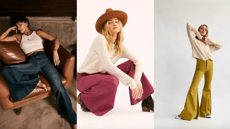 Models wearing denim, maroon, and yellow versions of the Just Float On Flare Jeans.