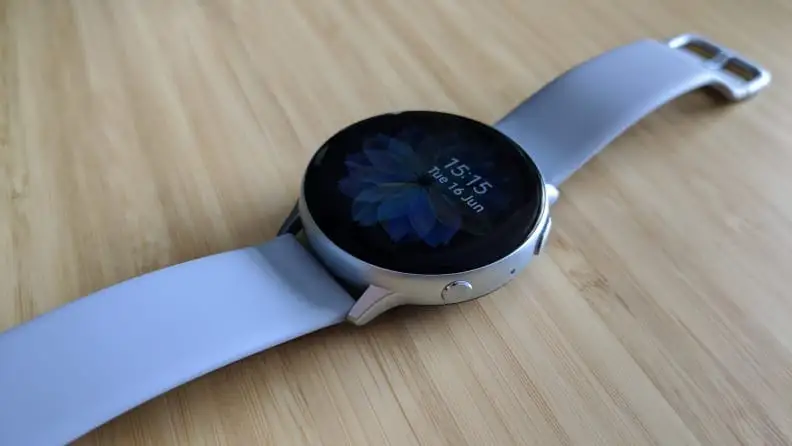 Samsung Galaxy Active 2 smartwatch with a purple wrist band.