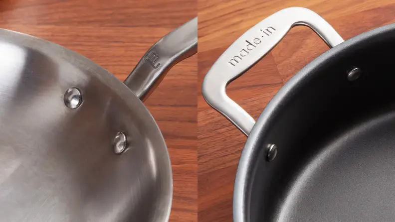 Left: close-up of stainless steel skillet. Right: close-up of nonstick pan