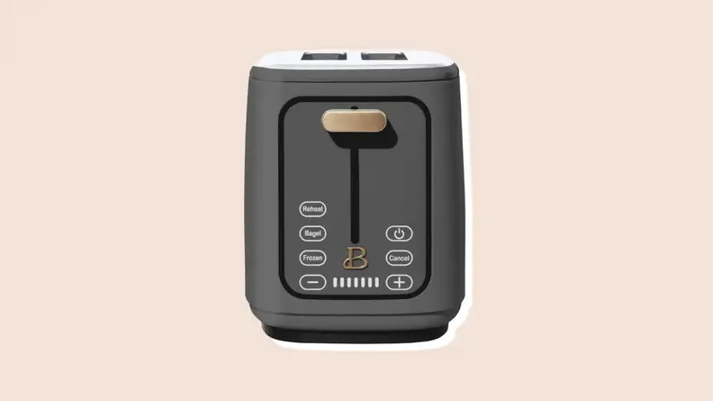 Product shot of gray-colored toaster from the Beautiful by Drew Barrymore Kitchen Appliance line.