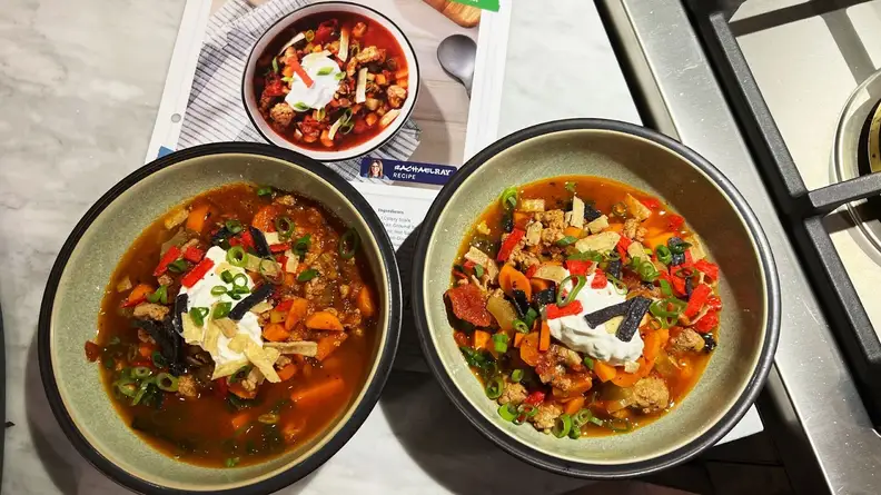 Two bowls of Buffalo-style Turkey Chili.