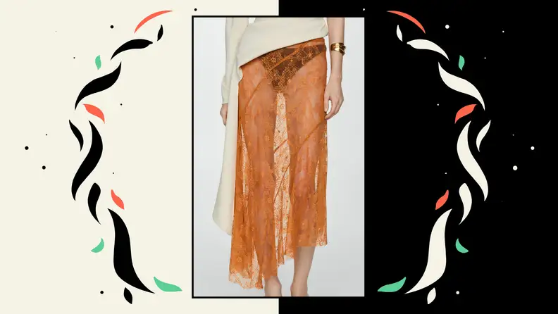 An asymmetrical orange lace maxi skirt.