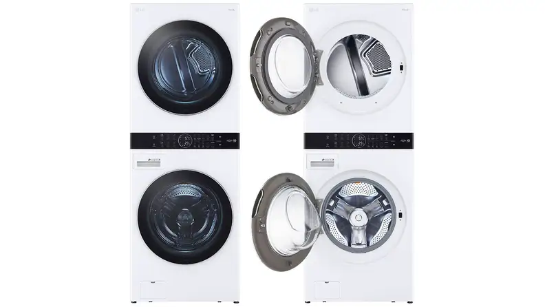 Two versions of the LG WashTower WKEX200HBA floating in a white void. The one on the left shows its doors closed; the one on the right has them open.