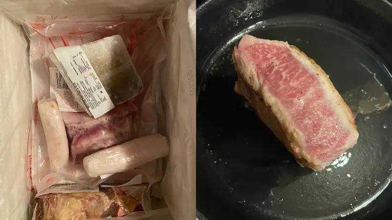 Campo Grande frozen pork, seafood, beef, and charcuterie in a box next to a piece of meat being cooked in a skillet.