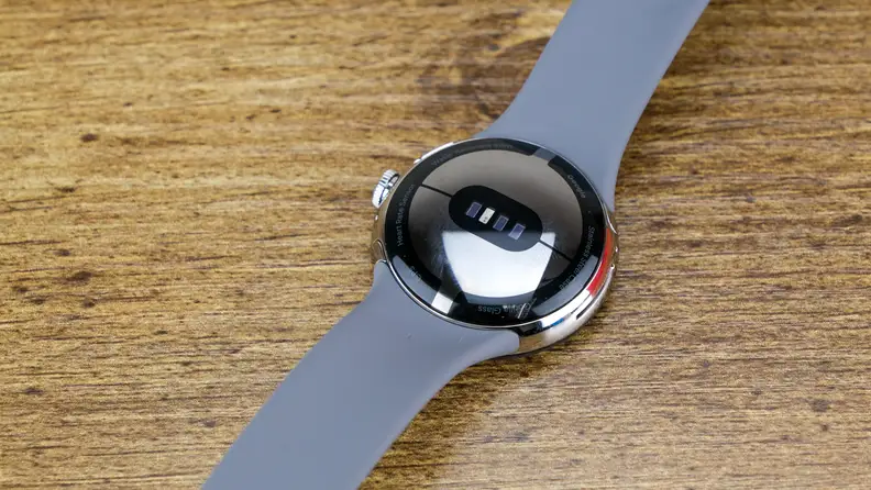 The backside of a Pixel Watch on display.