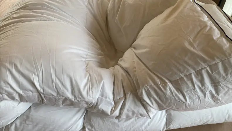 White Pacific Coast Feather & Down Comforter with a hand impression in the middle to show fluffiness.