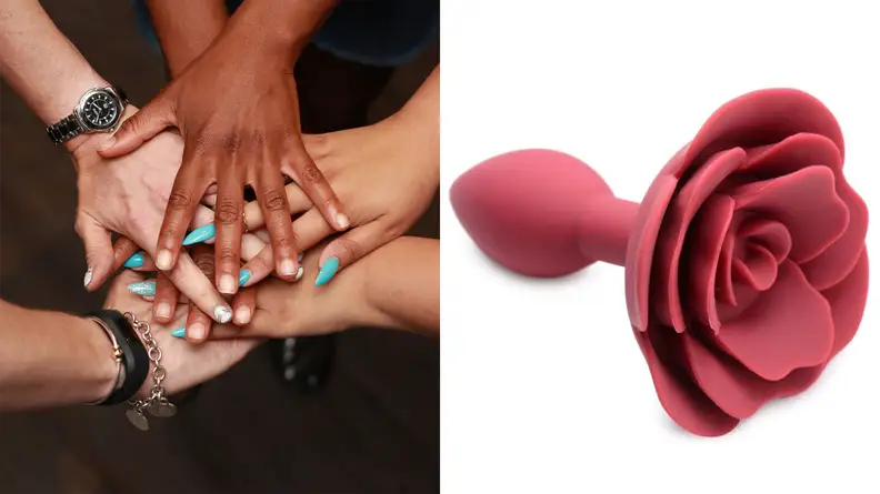 Hands coming together representing many different races and a rosebud tip anal plug.
