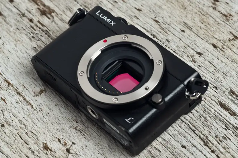 A photo of the Panasonic Lumix GM5's lens mount and sensor.