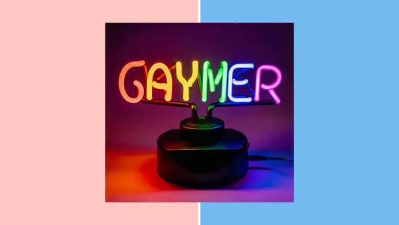 A neon sign in Pride colors that says "Gaymer."