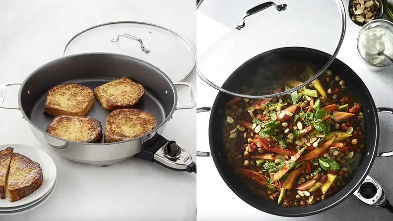 Left: French toast cooking in All-Clad electric skillet. Right: vegetables cooking in the electric skillet, shot from above