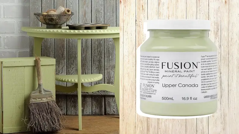 Left, several pieces of green-painted furniture; Right, a can of Fusion Mineral Painton wood background