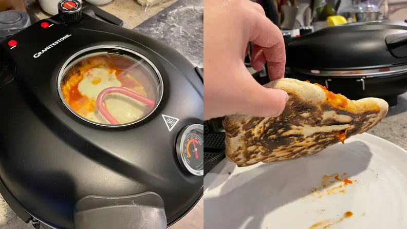 Left, the oven with pizza inside. Right, the crust of a pizza a little overcooked.