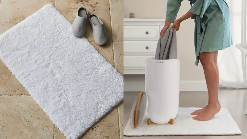 A white bath mat and a towel warmer.