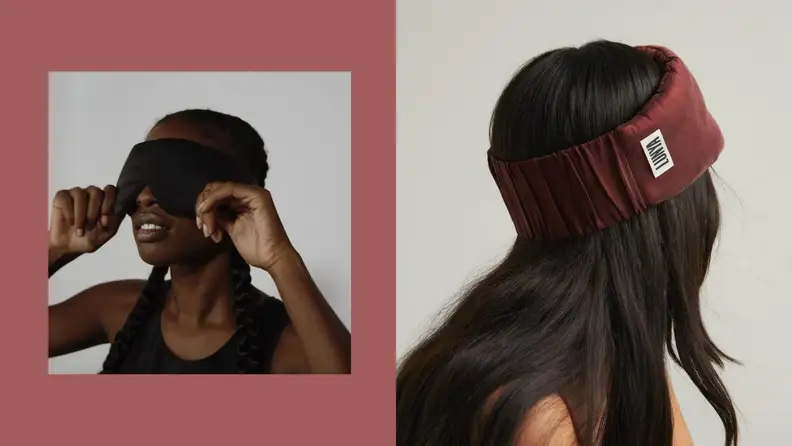 Left: Person pulls Lunya sleep mask over eyes; Right: Wide elastic band of Lunya sleep mask