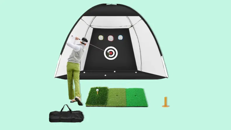 Guecar golf practice net on a light green background.