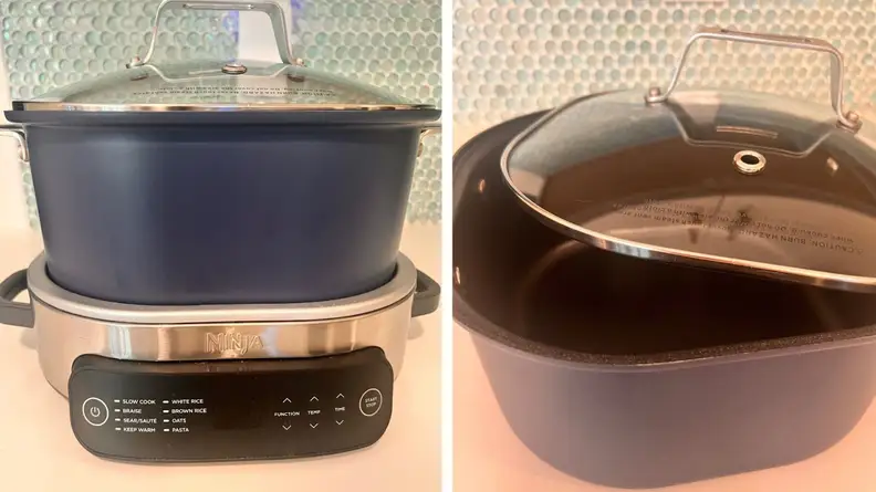 The Ninja Foodi PossibleCooker Slow Cooker on a marble countertop next to stove in front of teal backsplash. On right, the Ninja Foodi PossibleCooker's 6-quart pot and partially removed lid on a countertop.