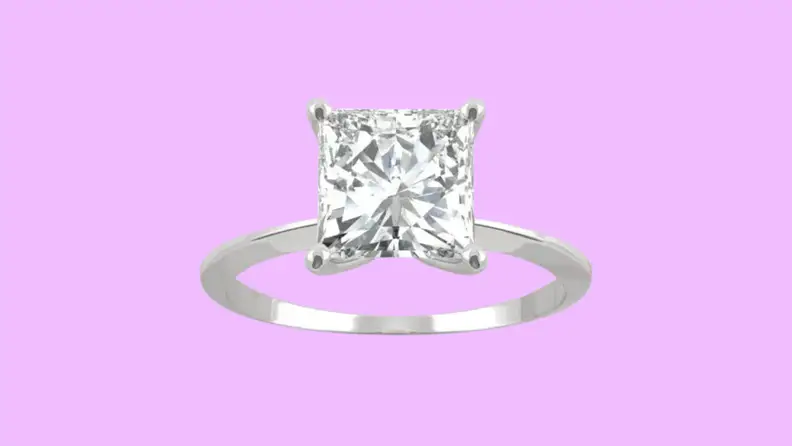 Photo of the Charles & Colvard Princess Forever One Moissanite Classic Solitaire Ring against a purple background.