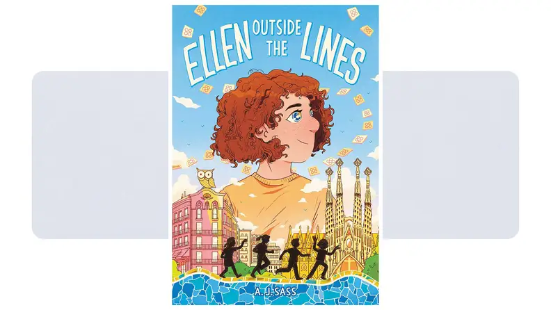 Ellen: Outside the Lines cover: Illustrated girl with short brown hair. Below, shapes of friends walk past European buildings