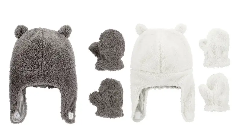 Two images of fluffy hat and mitten sets