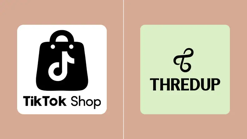 The TikTok Shop logo, a black shopping bag with the TikTok music-note icon on a white tile, beside the ThredUp logo, both on a tan background.