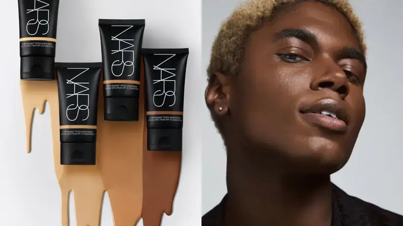On the left: Four tubes of the Nars Pure Radiant Tinted Moisturizer Broad Spectrum SPF 30 laying next to each other with the formula rubbing down from each bottle onto a white background. On the right: A man with a dark complexion closes his eyes and tilts his head up to show smooth skin.
