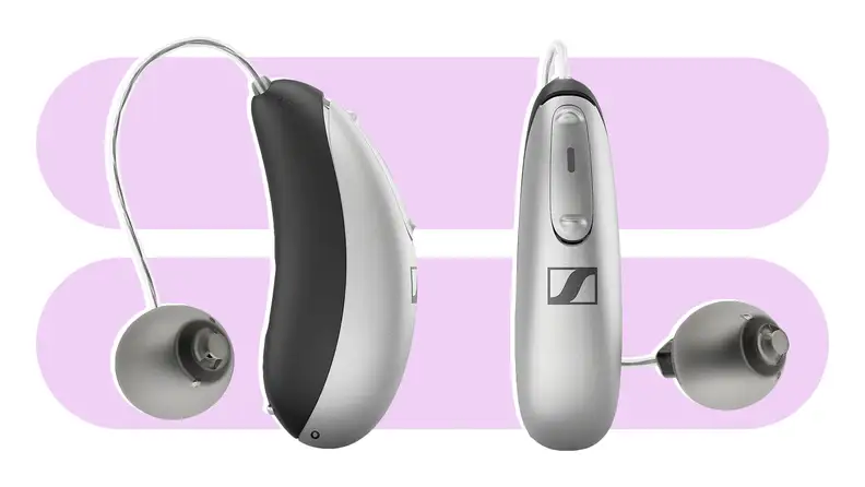 Sennheiser All-Day Clear hearing aids on a blue and white background