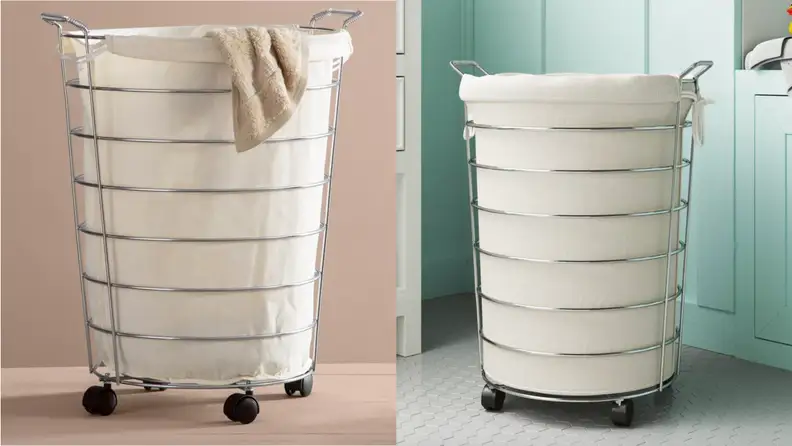 Two images of a rolling laundry hamper.