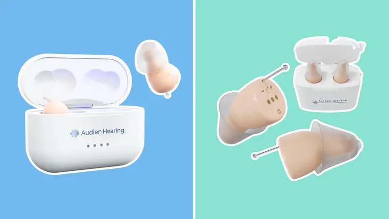 On the left: Audien Atom 2 hearing aids The Audien Atom Pro hearing aids.