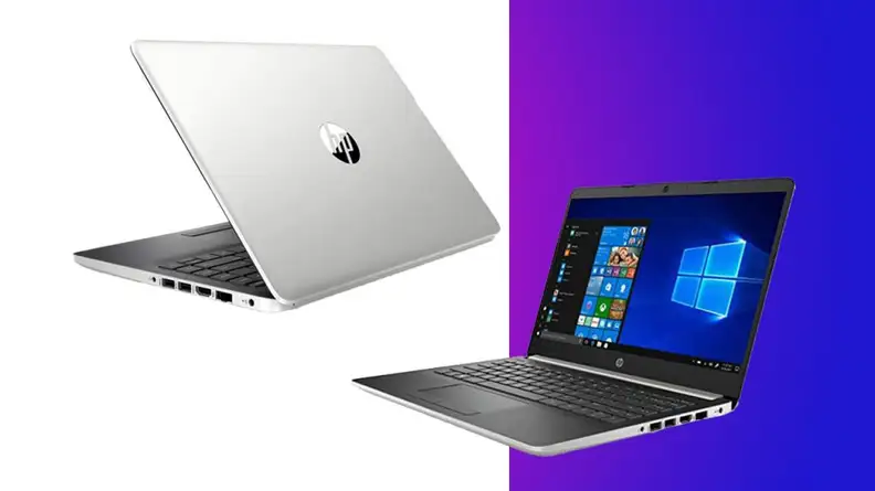 HP laptop on white and purple background