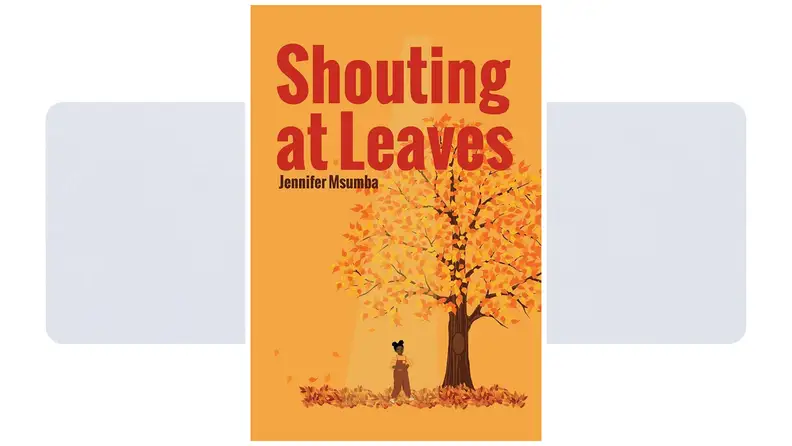 Shouting at leaves cover: Illustrated African American girl stands under a tree on an orange background