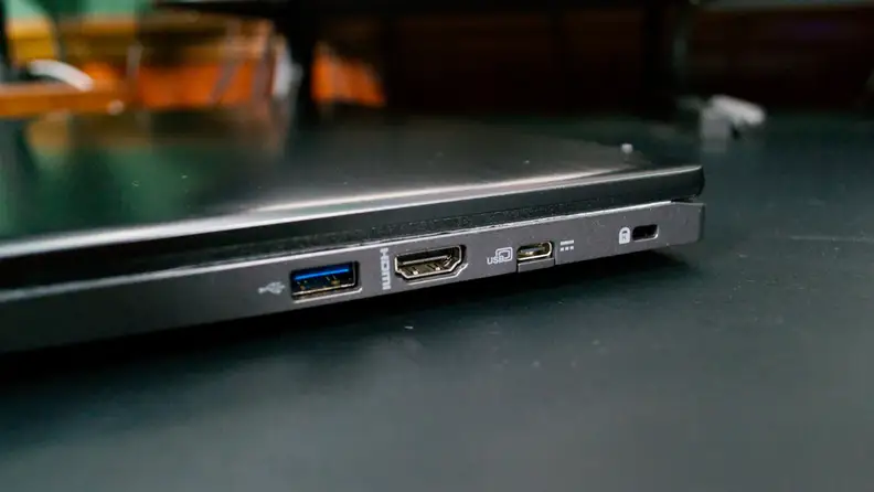 A close up of a laptop's connectivity ports.