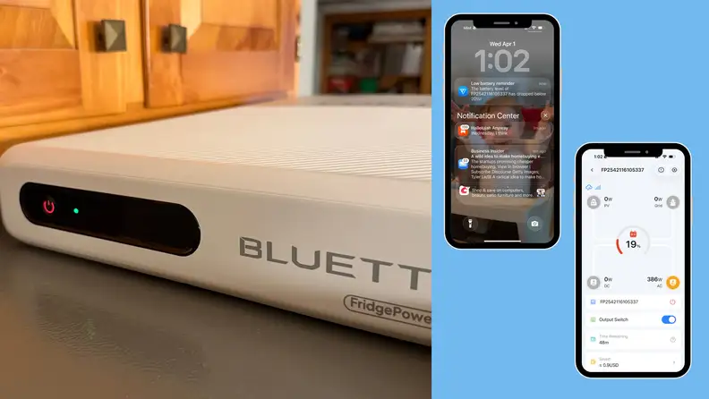 Bluetti FridgePower on top of a silver refrigerator in front of wooden cabinets, next to two iPhone screenshots showing the connected app on a light blue background.