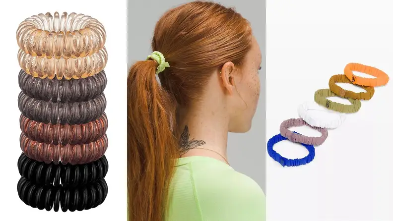 A stack of coiled hairties, a woman wearing her hair in a scrunchie, and a row of scrunchies