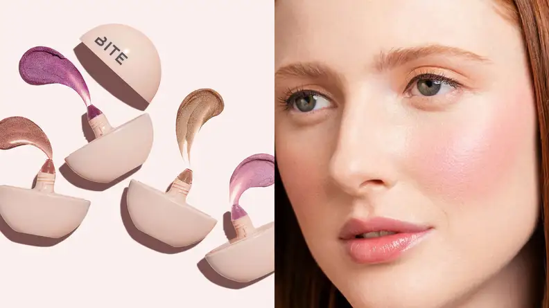 On the left: Four containers of the Bite Beauty Daycation Whipped Cream Blushes lay on a light pink background with swatches of the blushes coming out of the tubes. On the right: A closeup of a person wearing a pink blush on their cheeks.