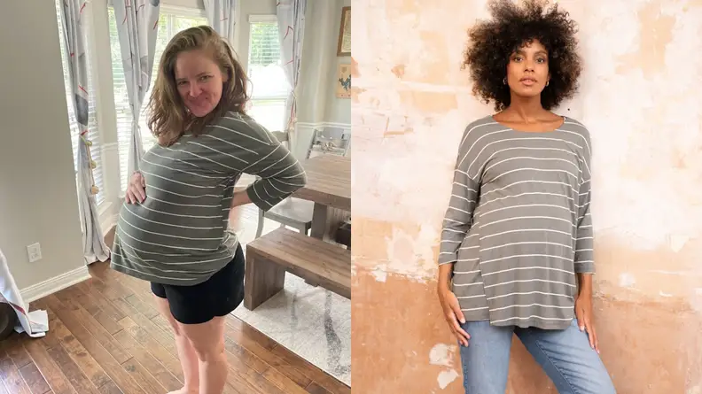 Two pregnant people smiling wearing Seraphine Maternity's khaki stripe maternity & nursing top.