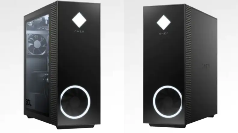 Two images of the same desktop with a black chassis turned at different angles.
